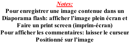 Notes: Pour enregistrer une image contenue dans un  Diaporama flash: afficher l’image plein écran et Faire un print screen (imprim-écran)  Pour afficher les commentaires: laisser le curseur Positionné sur l’image
